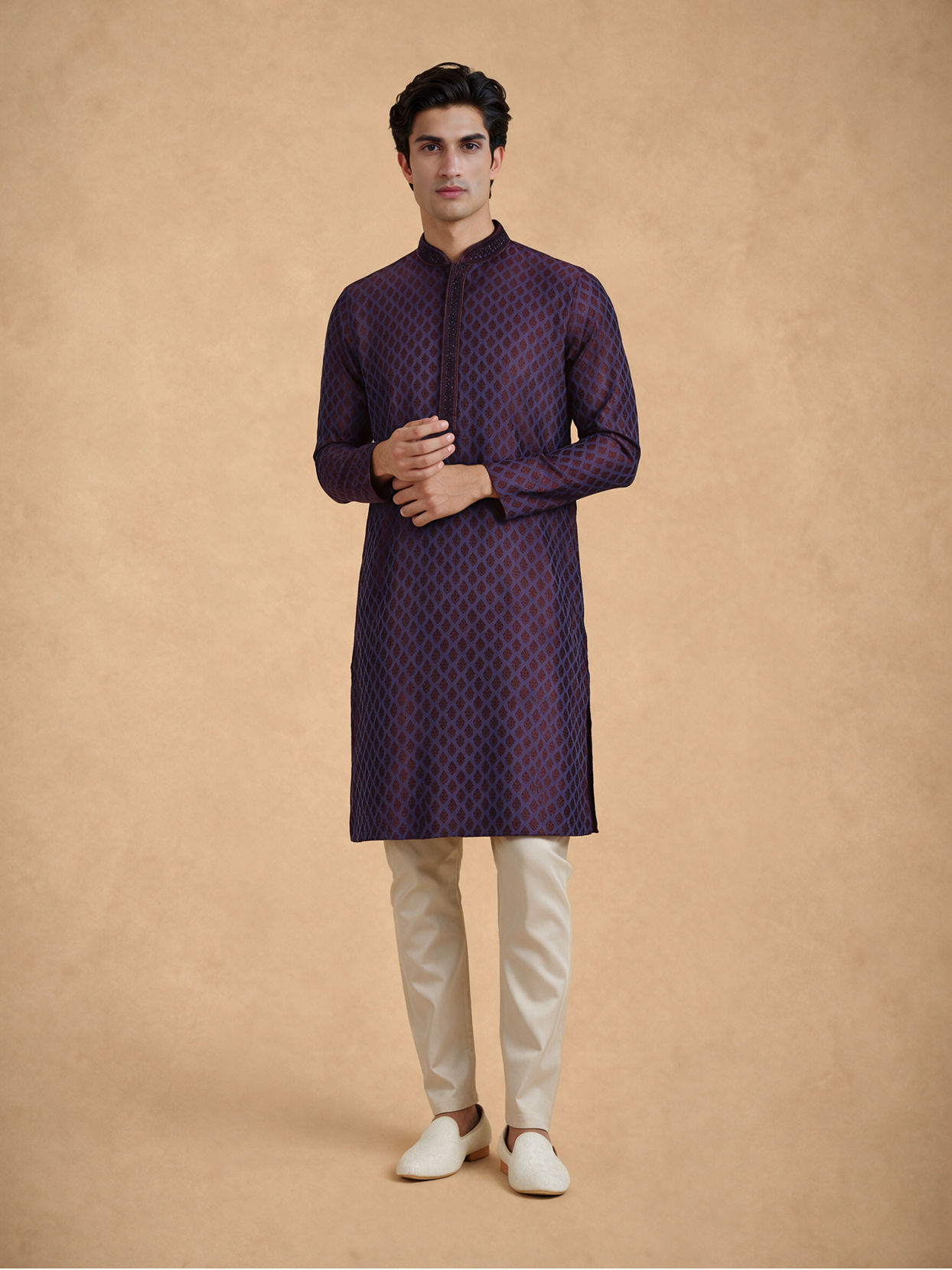 Manyavar Men Purple Blended Viscose Self-Textured Kurta Pajama Set
