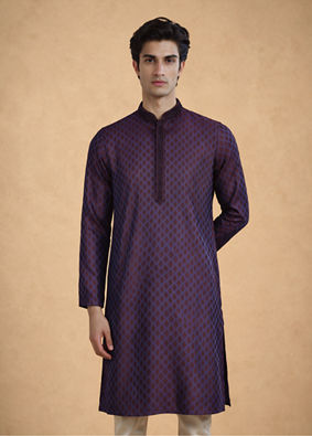Manyavar Men Purple Blended Viscose Self-Textured Kurta Pajama Set