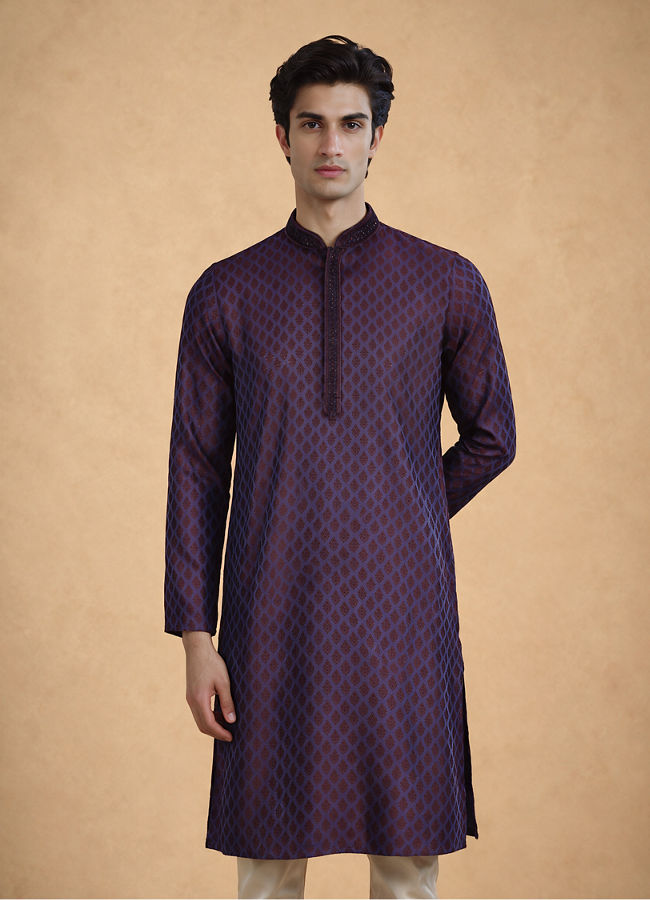 Manyavar Men Purple Blended Viscose Self-Textured Kurta Pajama Set