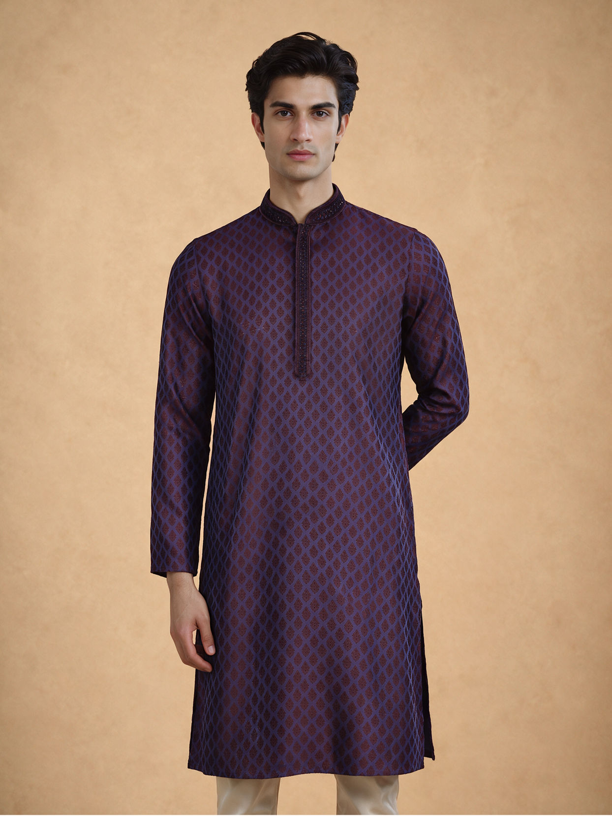 Manyavar Men Purple Blended Viscose Self-Textured Kurta Pajama Set
