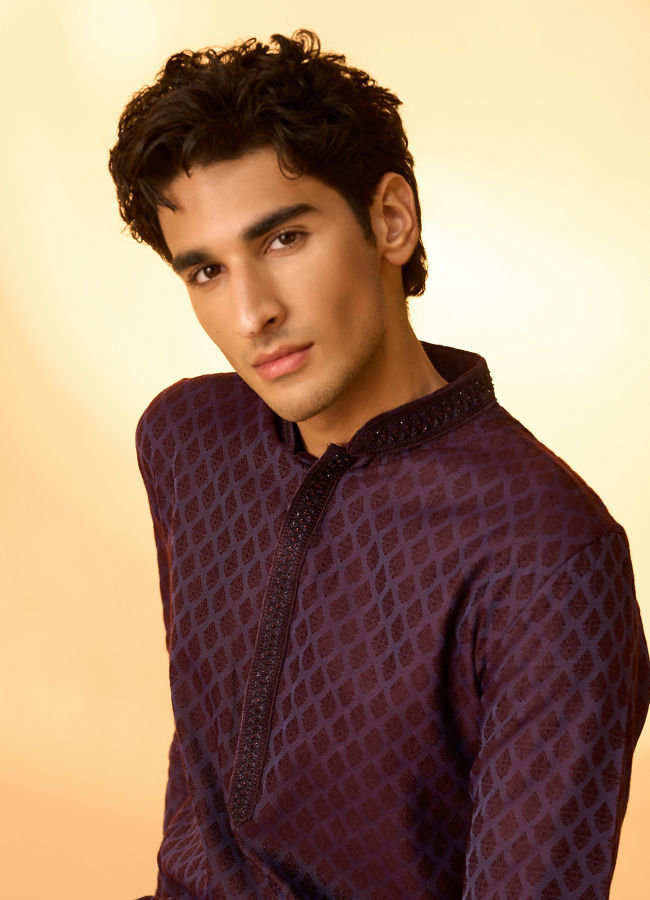 Manyavar Men Purple Blended Viscose Self-Textured Kurta Pajama Set