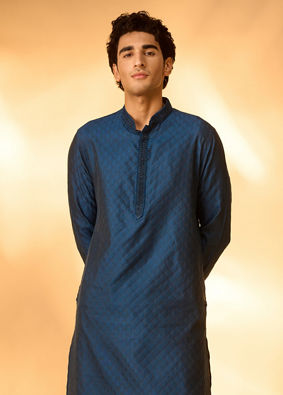 Manyavar Men Teal Blue Jacquard Kurta Pajama with Self-Texture