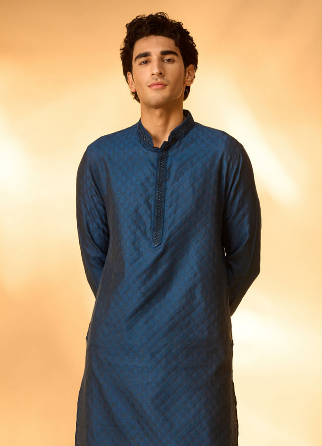 Manyavar Men Teal Blue Jacquard Kurta Pajama with Self-Texture