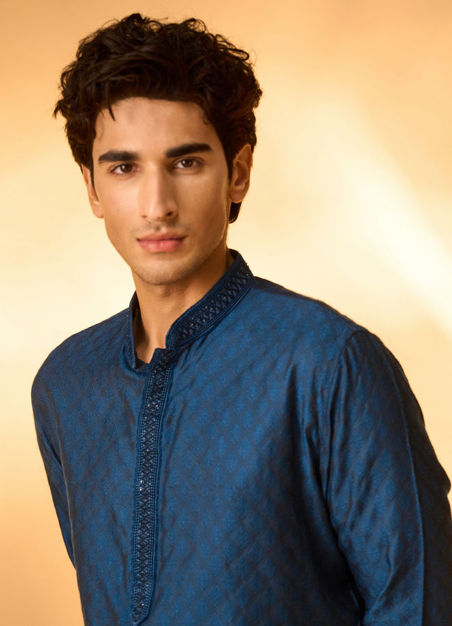 Manyavar Men Teal Blue Jacquard Kurta Pajama with Self-Texture