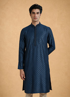 Manyavar Men Teal Blue Jacquard Kurta Pajama with Self-Texture