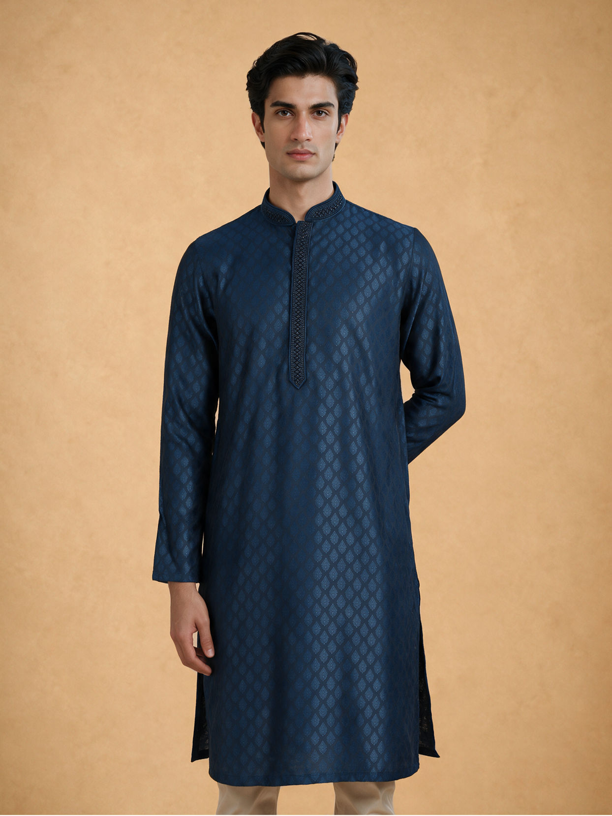 Manyavar Men Teal Blue Jacquard Kurta Pajama with Self-Texture