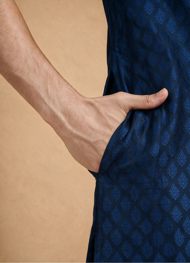 Manyavar Men Teal Blue Jacquard Kurta Pajama with Self-Texture