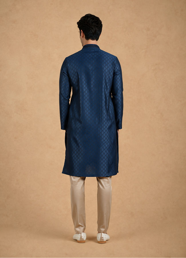 Manyavar Men Teal Blue Jacquard Kurta Pajama with Self-Texture