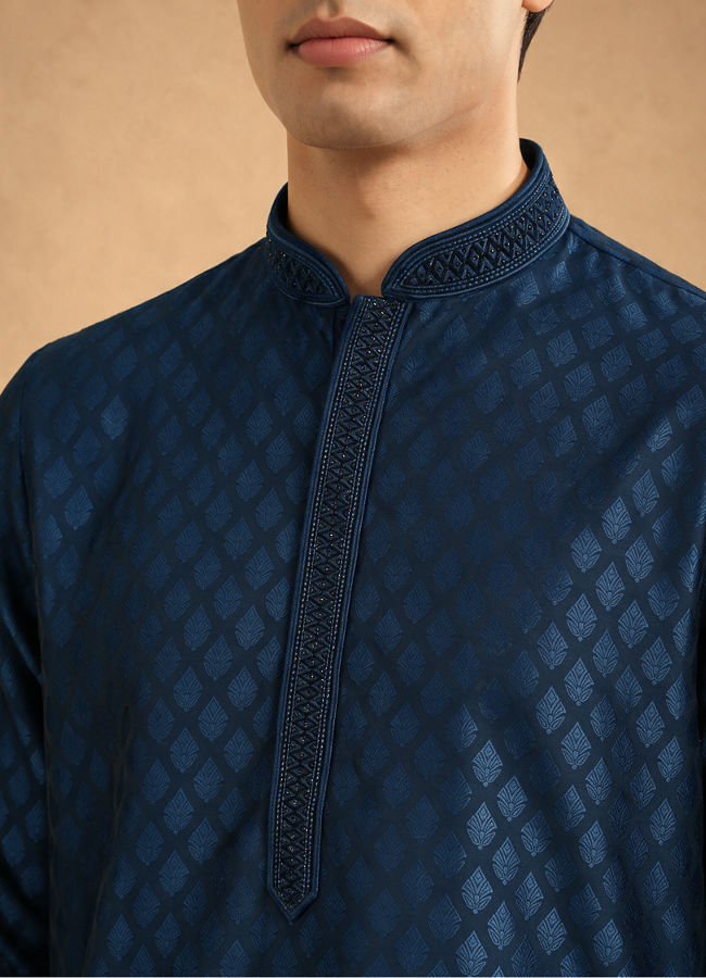Manyavar Men Teal Blue Jacquard Kurta Pajama with Self-Texture