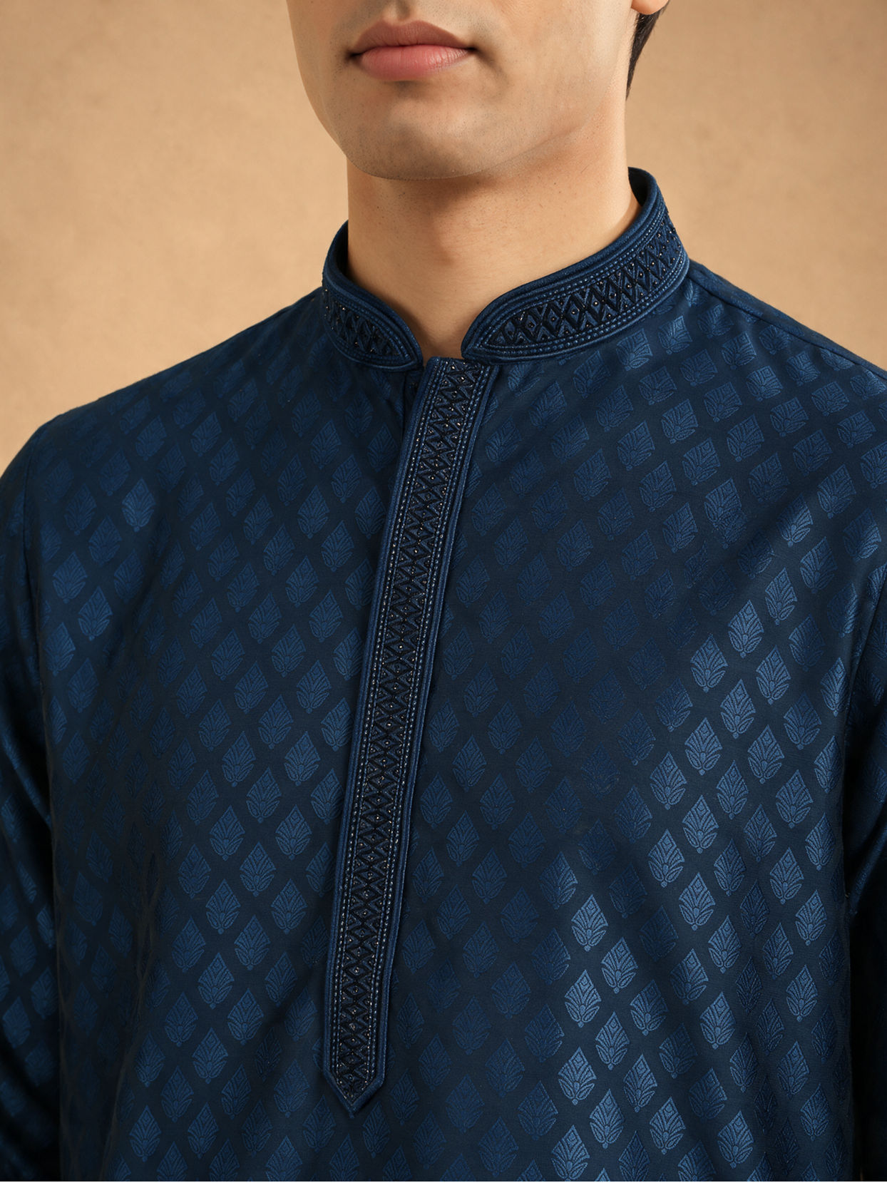 Manyavar Men Teal Blue Jacquard Kurta Pajama with Self-Texture