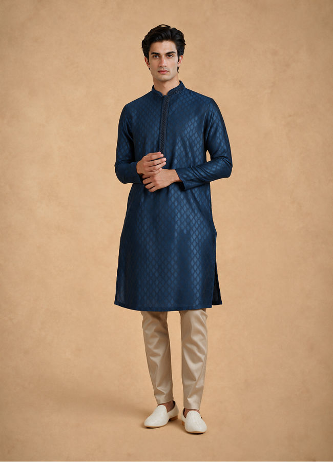 Manyavar Men Teal Blue Jacquard Kurta Pajama with Self-Texture