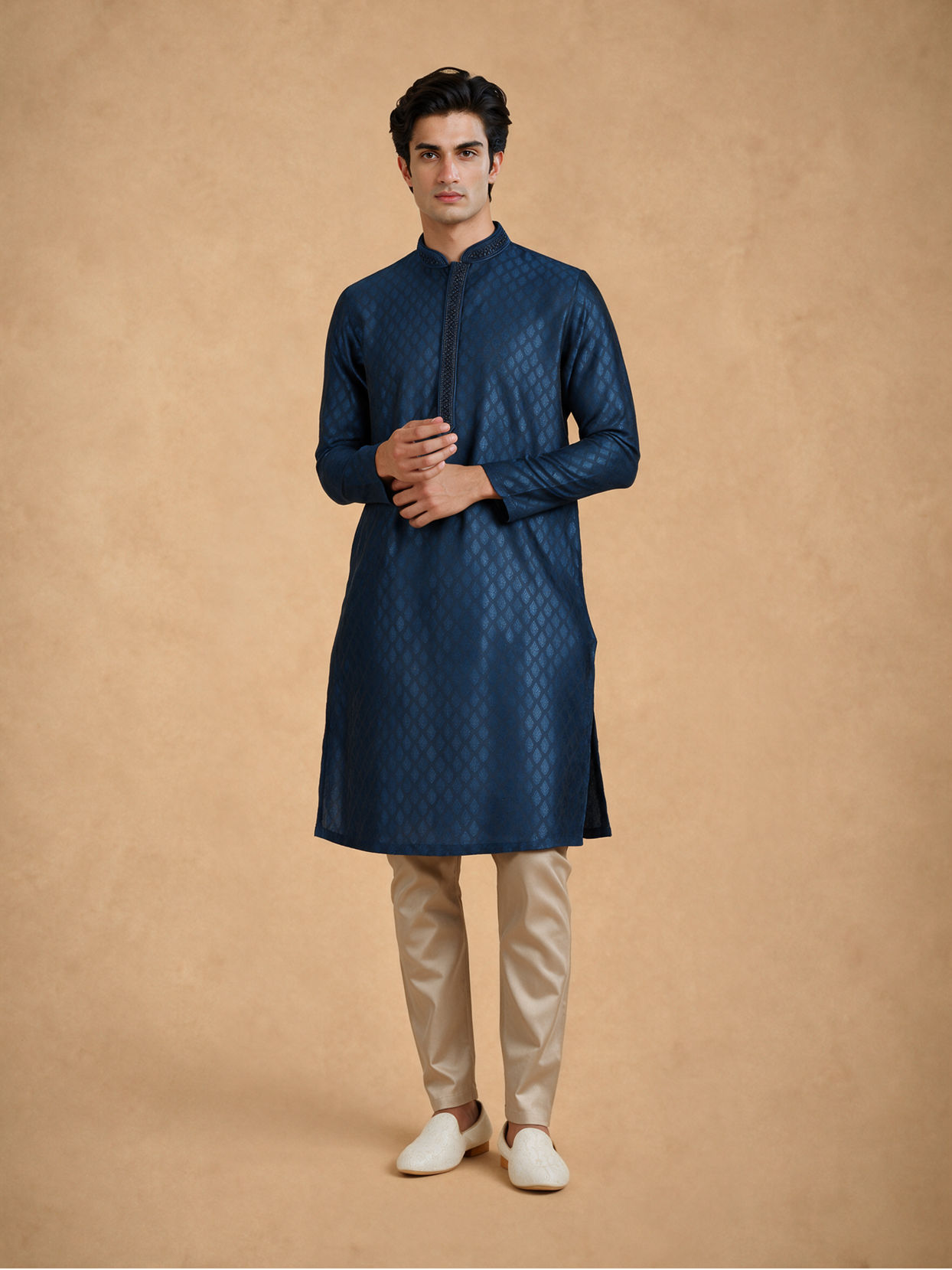 Manyavar Men Teal Blue Jacquard Kurta Pajama with Self-Texture