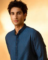 Manyavar Men Teal Blue Jacquard Kurta Pajama with Self-Texture