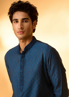 Manyavar Men Teal Blue Jacquard Kurta Pajama with Self-Texture