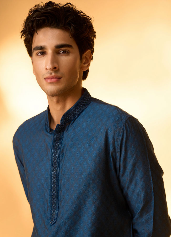 Manyavar Men Teal Blue Jacquard Kurta Pajama with Self-Texture