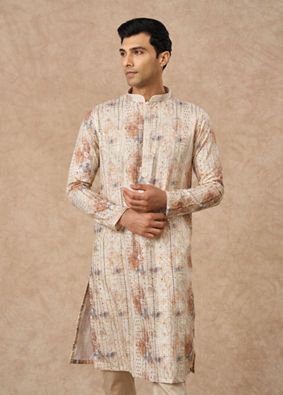Manyavar Men Cream Blended Cotton Kurta Pajama with Print