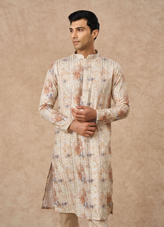 Manyavar Men Cream Blended Cotton Kurta Pajama with Print