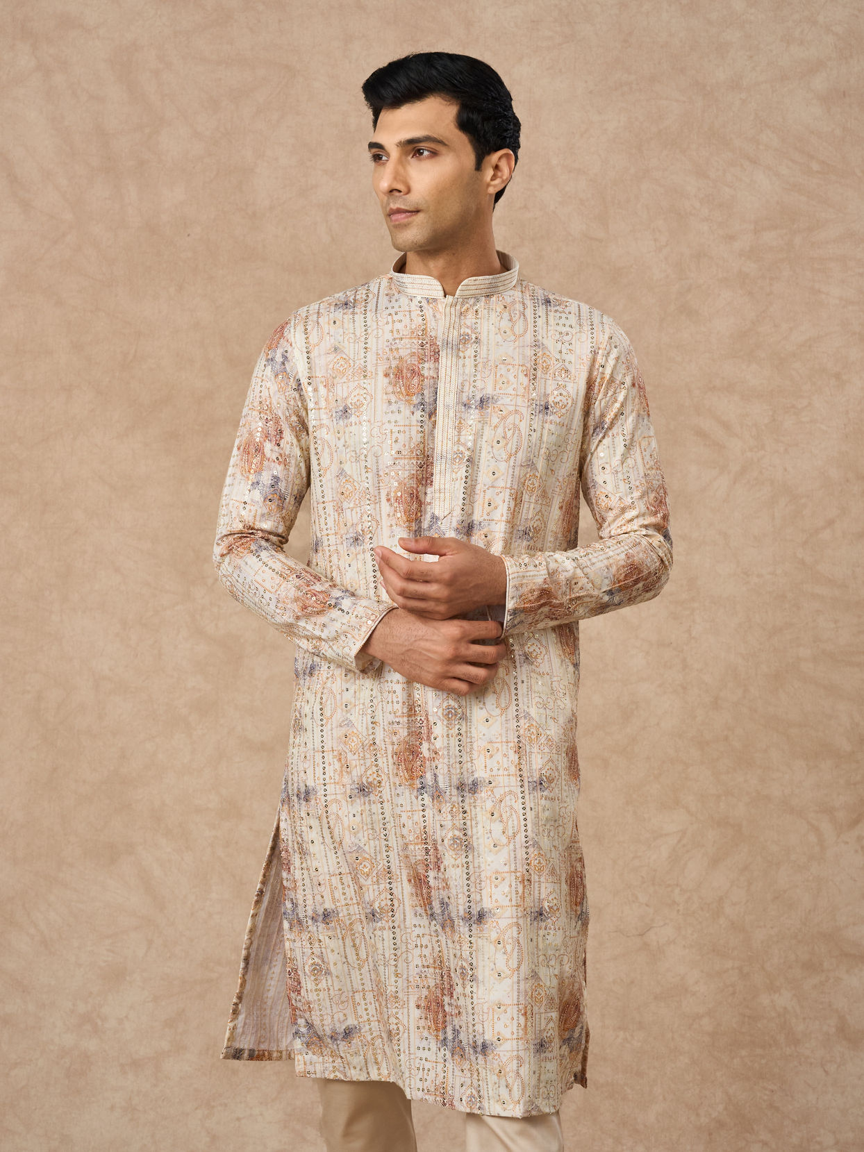 Manyavar Men Cream Blended Cotton Kurta Pajama with Print