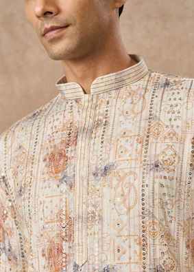 Manyavar Men Cream Blended Cotton Kurta Pajama with Print