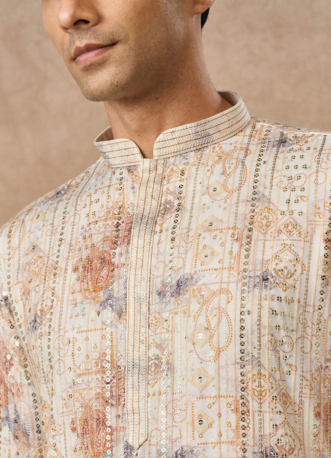 Manyavar Men Cream Blended Cotton Kurta Pajama with Print