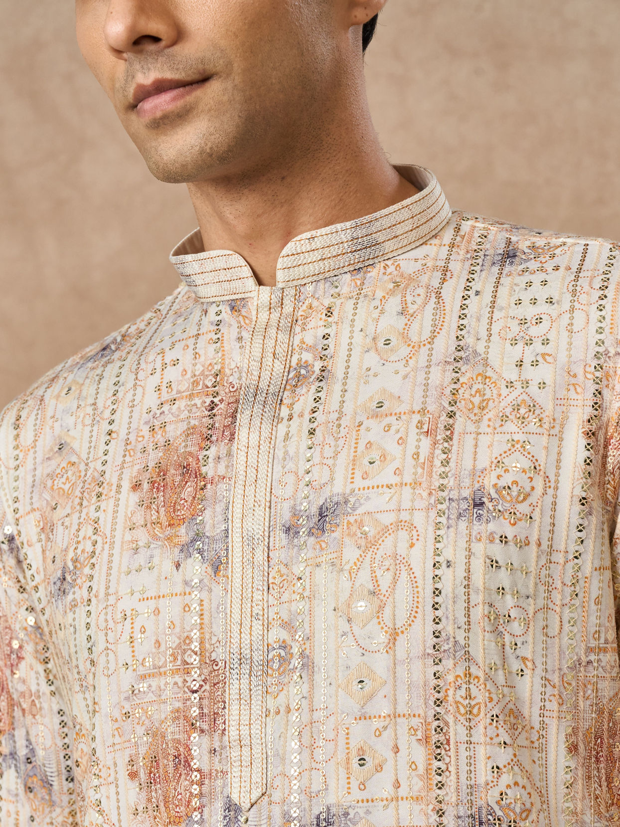 Manyavar Men Cream Blended Cotton Kurta Pajama with Print