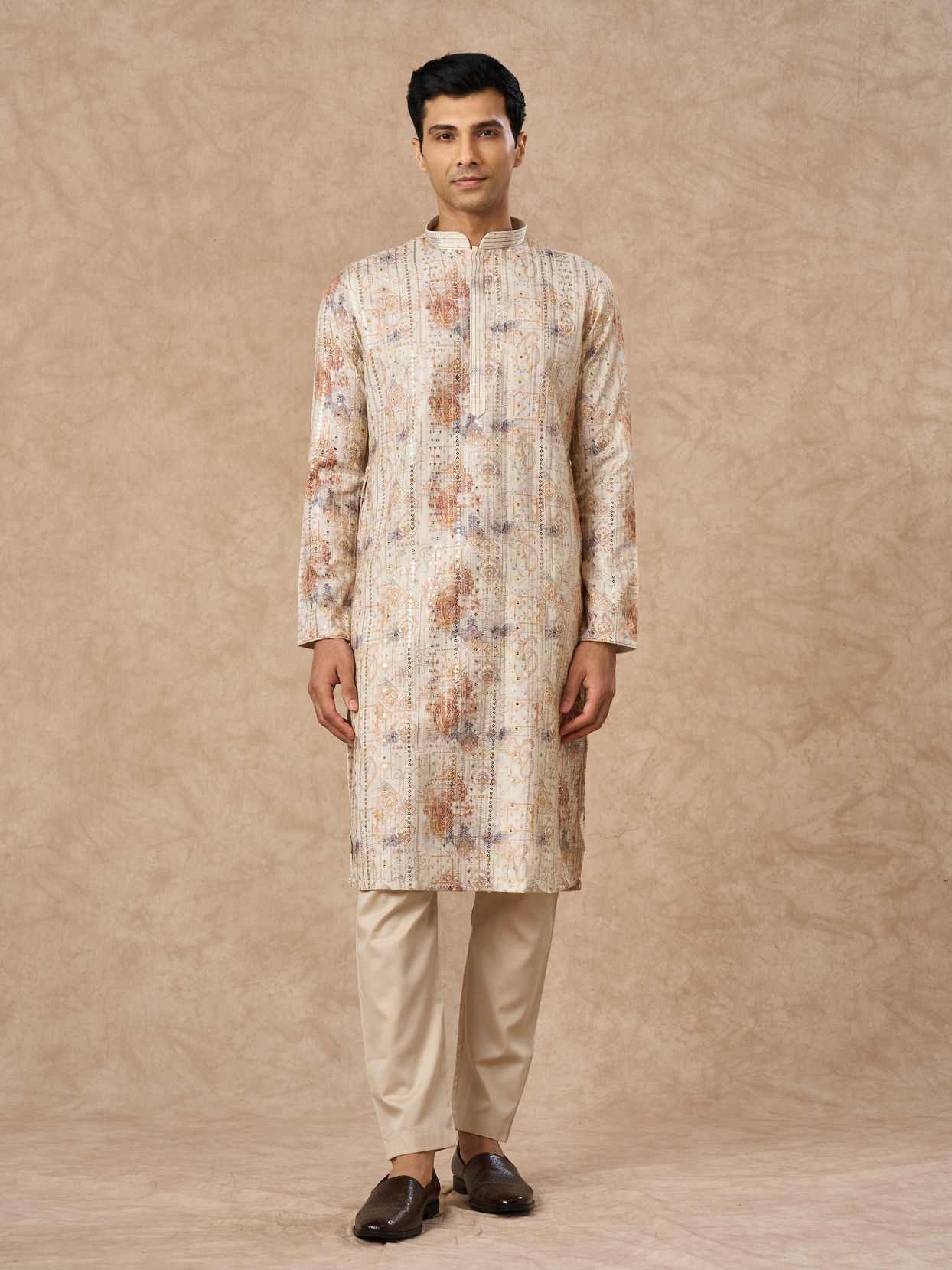 Manyavar Men Cream Blended Cotton Kurta Pajama with Print