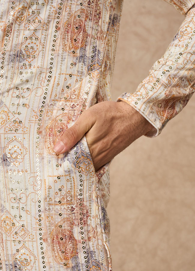 Manyavar Men Cream Blended Cotton Kurta Pajama with Print
