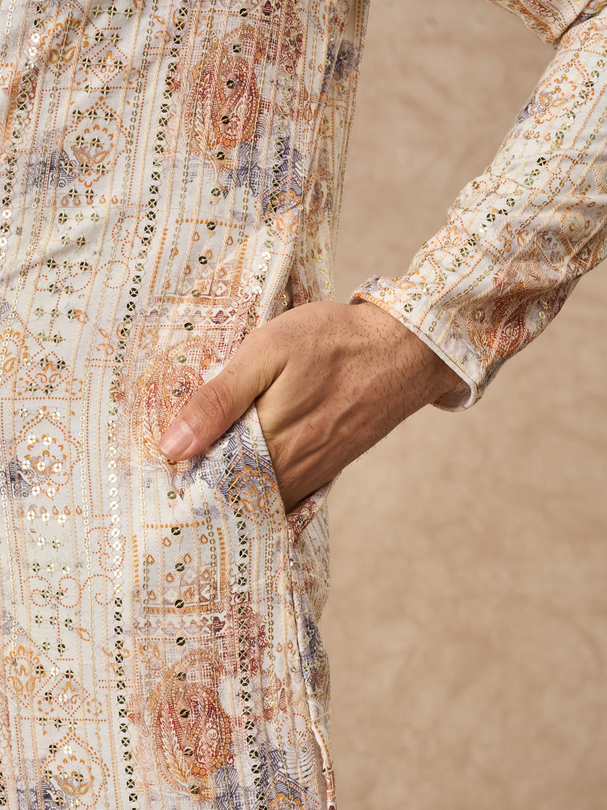 Manyavar Men Cream Blended Cotton Kurta Pajama with Print