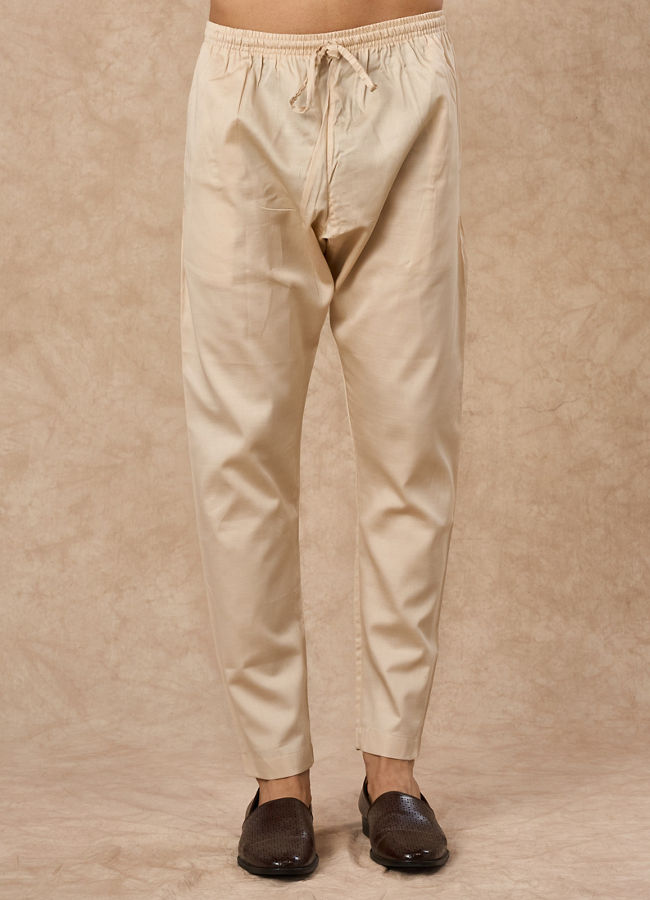 Manyavar Men Cream Blended Cotton Kurta Pajama with Print