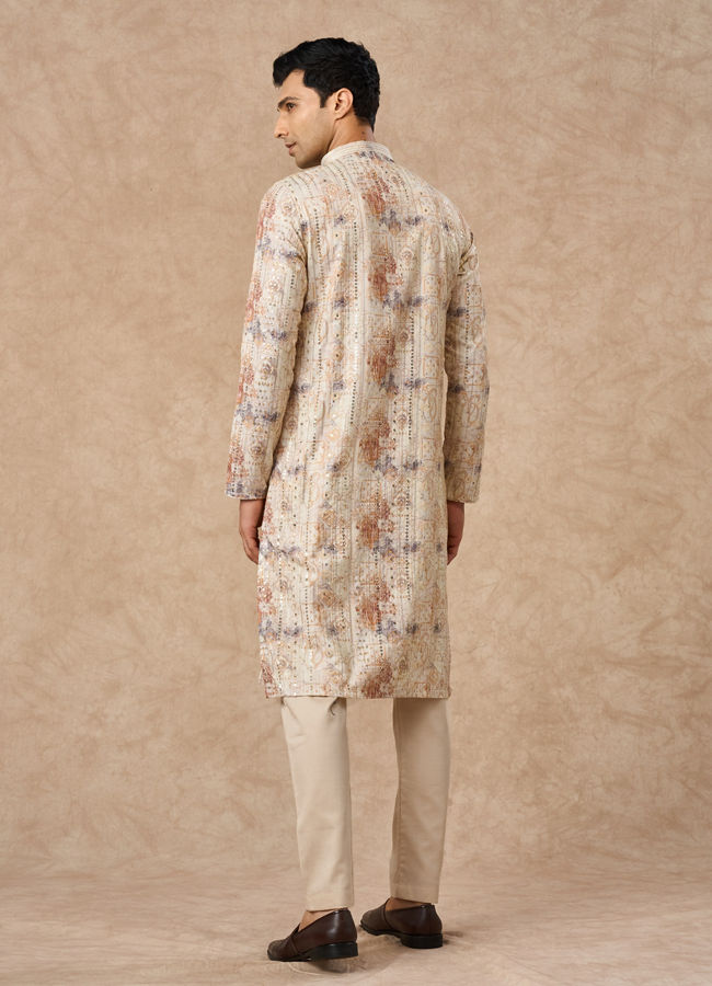 Manyavar Men Cream Blended Cotton Kurta Pajama with Print