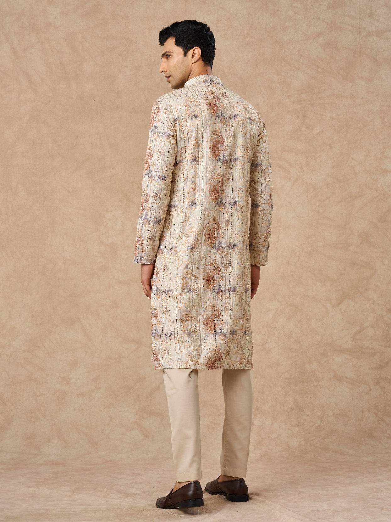 Manyavar Men Cream Blended Cotton Kurta Pajama with Print