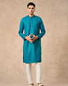 Manyavar Men Teal Blue Silk Kurta Pajama