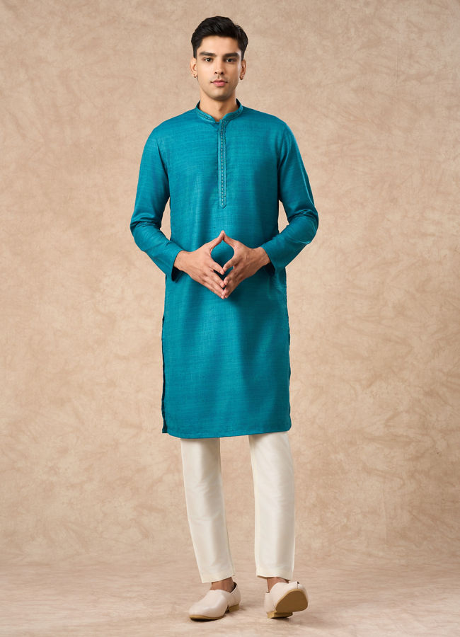 Manyavar Men Teal Blue Silk Kurta Pajama