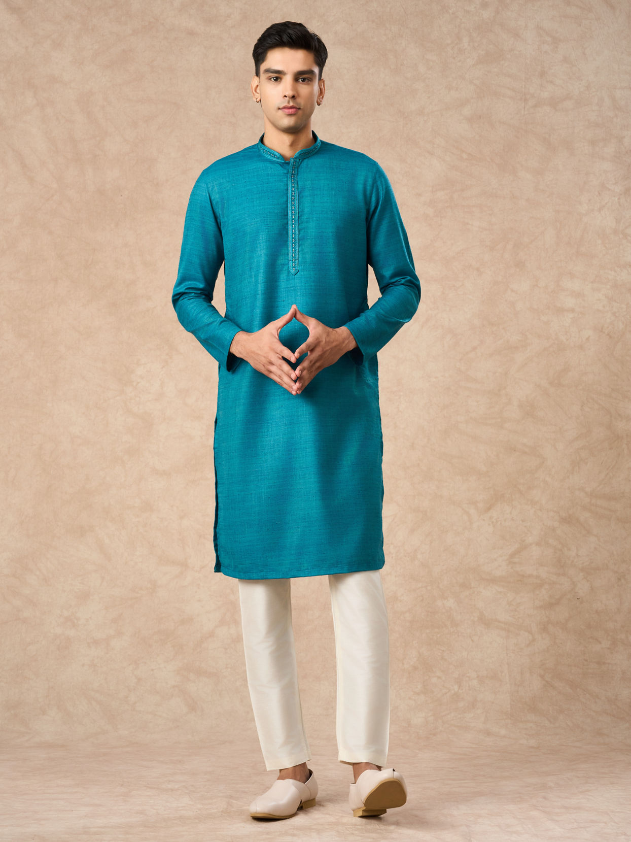 Manyavar Men Teal Blue Silk Kurta Pajama