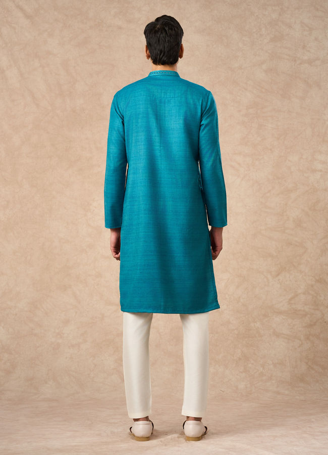 Manyavar Men Teal Blue Silk Kurta Pajama