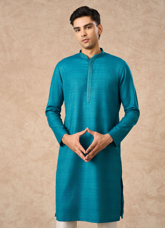 Manyavar Men Teal Blue Silk Kurta Pajama