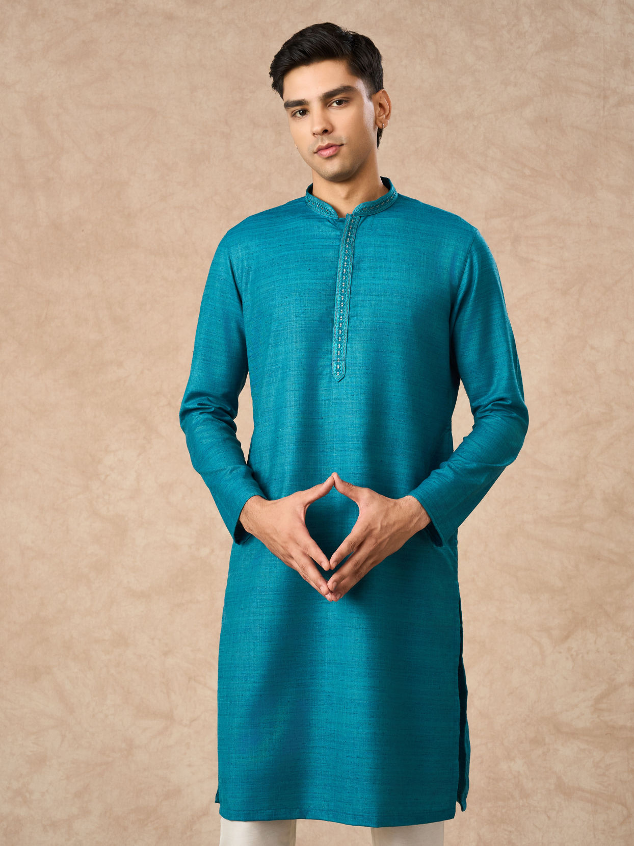 Manyavar Men Teal Blue Silk Kurta Pajama