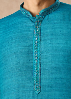 Manyavar Men Teal Blue Silk Kurta Pajama