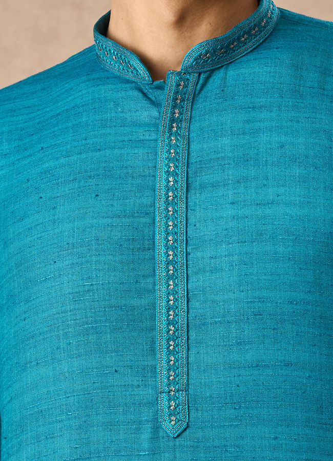 Manyavar Men Teal Blue Silk Kurta Pajama