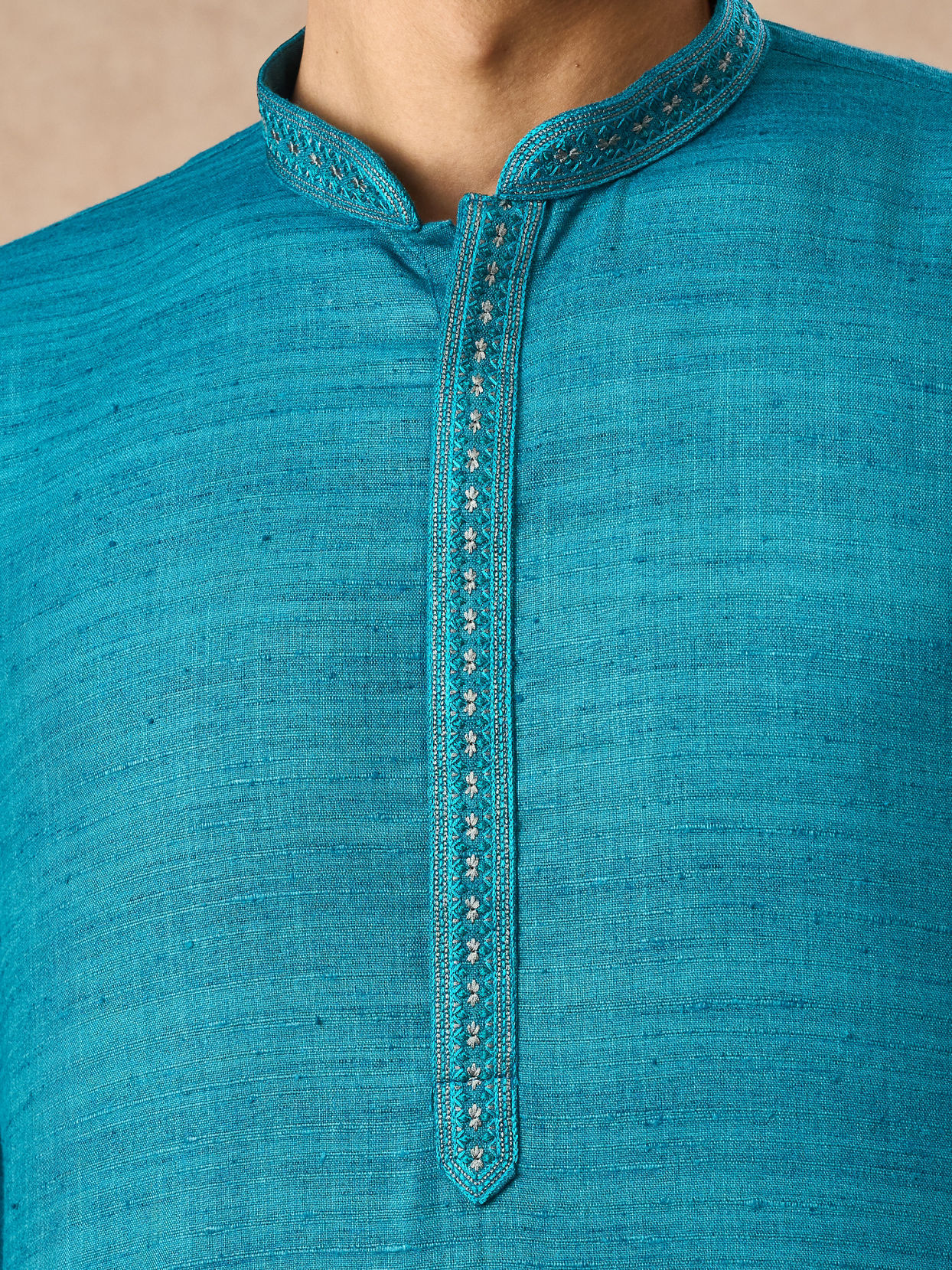 Manyavar Men Teal Blue Silk Kurta Pajama