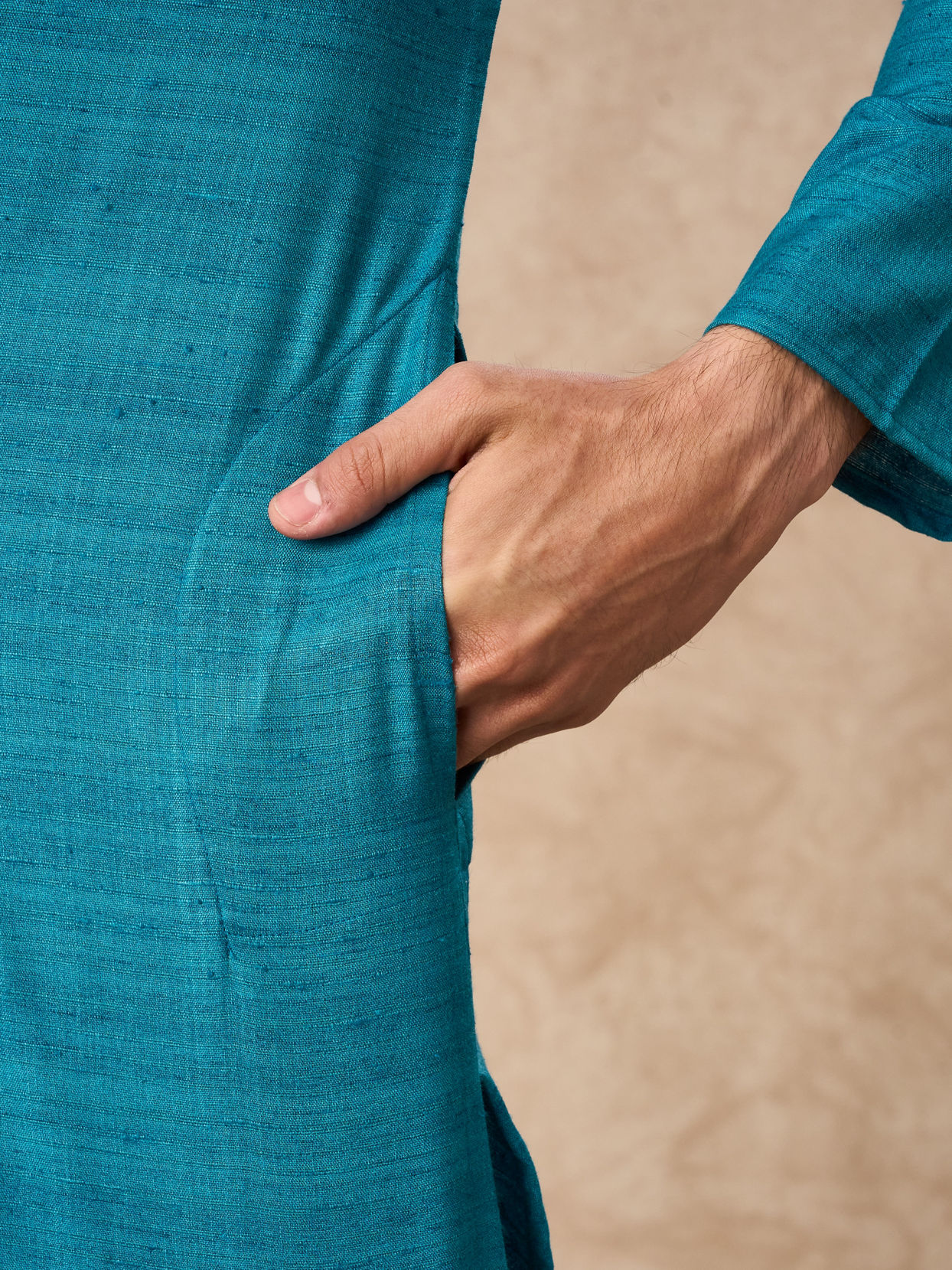 Manyavar Men Teal Blue Silk Kurta Pajama