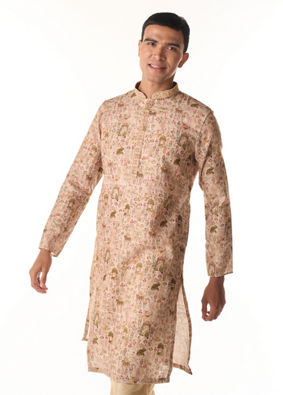 Manyavar Men Light Mid Green Blended Cotton Kurta Pajama with Print