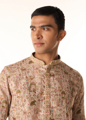 Manyavar Men Light Mid Green Blended Cotton Kurta Pajama with Print