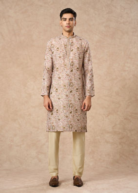 Manyavar Men Light Mid Green Blended Cotton Kurta Pajama with Print