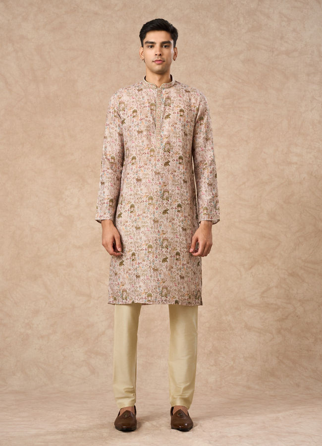 Manyavar Men Light Mid Green Blended Cotton Kurta Pajama with Print