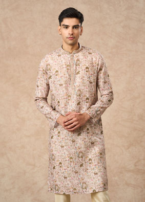 Manyavar Men Light Mid Green Blended Cotton Kurta Pajama with Print