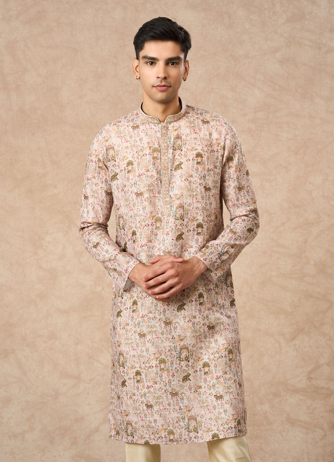 Manyavar Men Light Mid Green Blended Cotton Kurta Pajama with Print