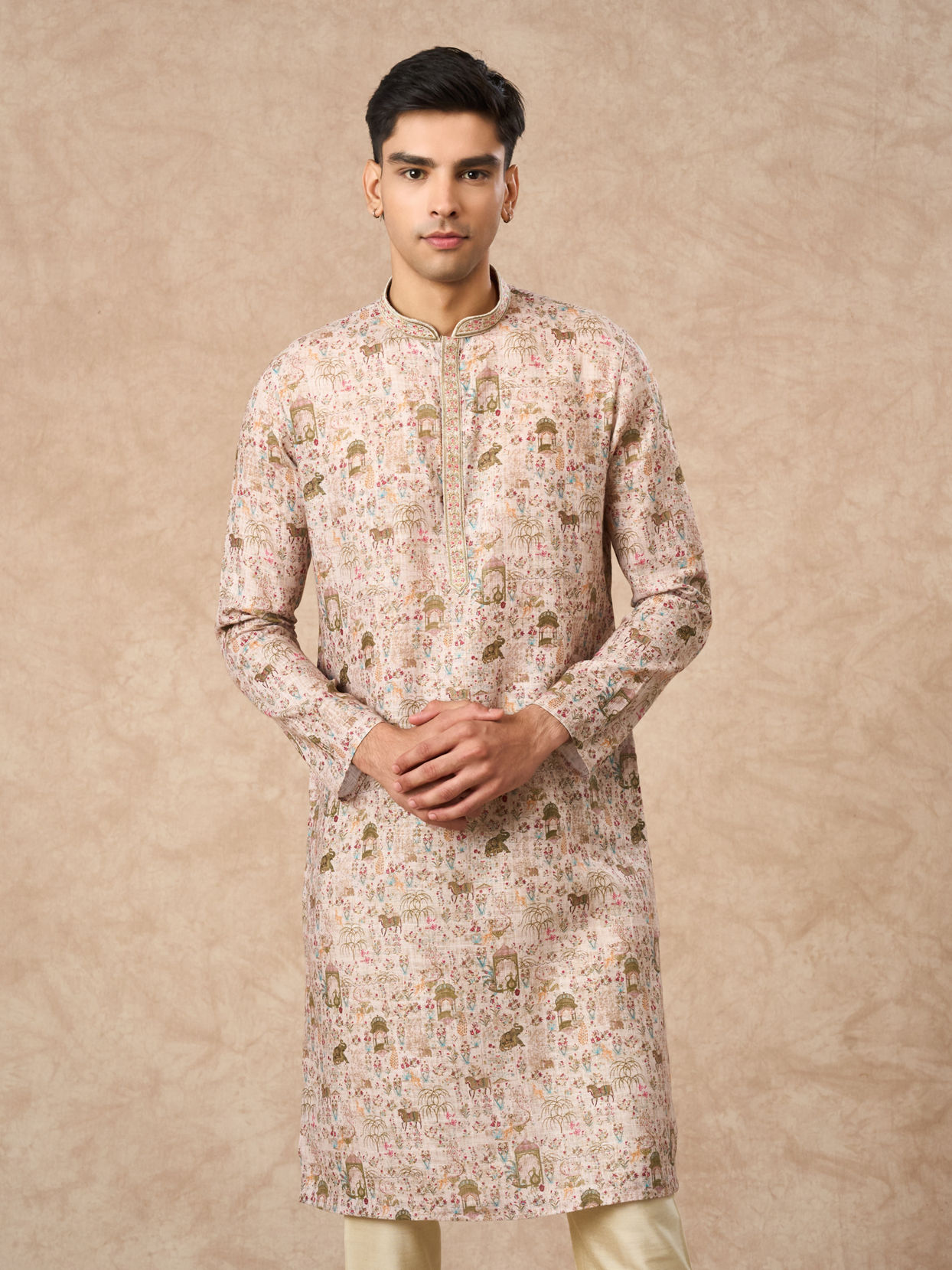 Manyavar Men Light Mid Green Blended Cotton Kurta Pajama with Print
