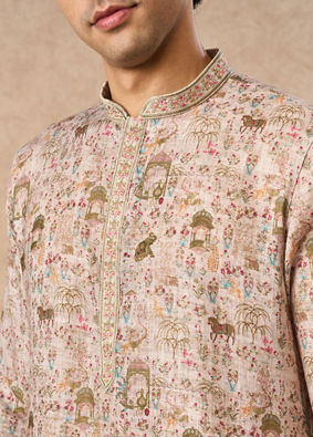Manyavar Men Light Mid Green Blended Cotton Kurta Pajama with Print