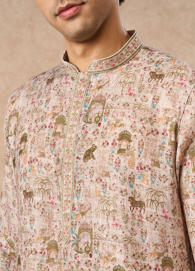 Manyavar Men Light Mid Green Blended Cotton Kurta Pajama with Print